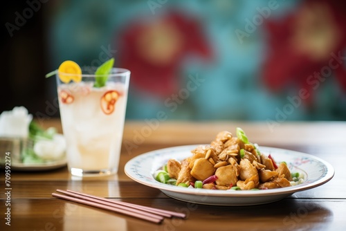 kung pao chicken served with a glass of water