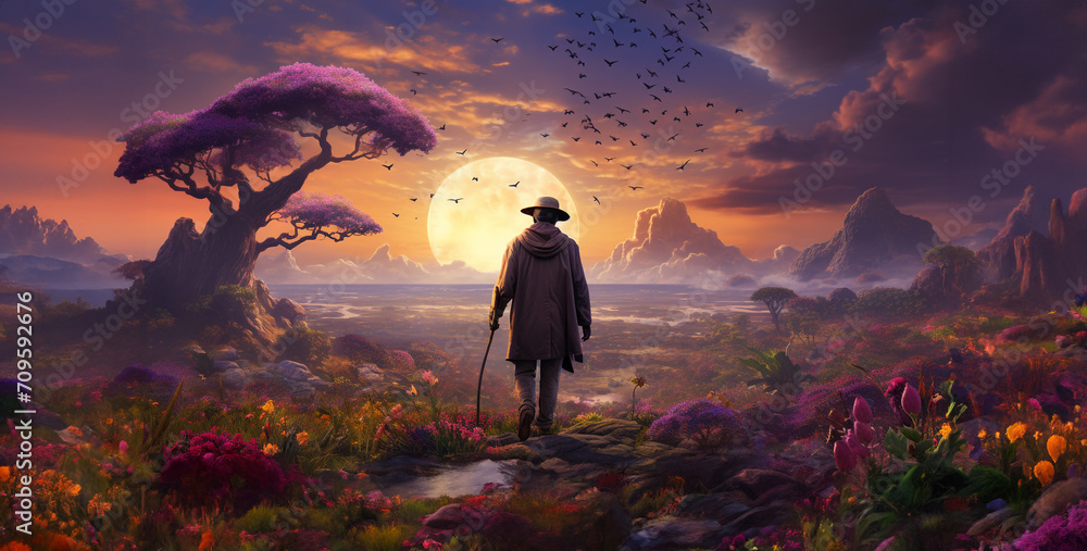 Fantasy landscape with a man in a hat on the background of the full moon, Fantasy landscape with a man in a hat and a walking stick, a old african man with a walking stick walks