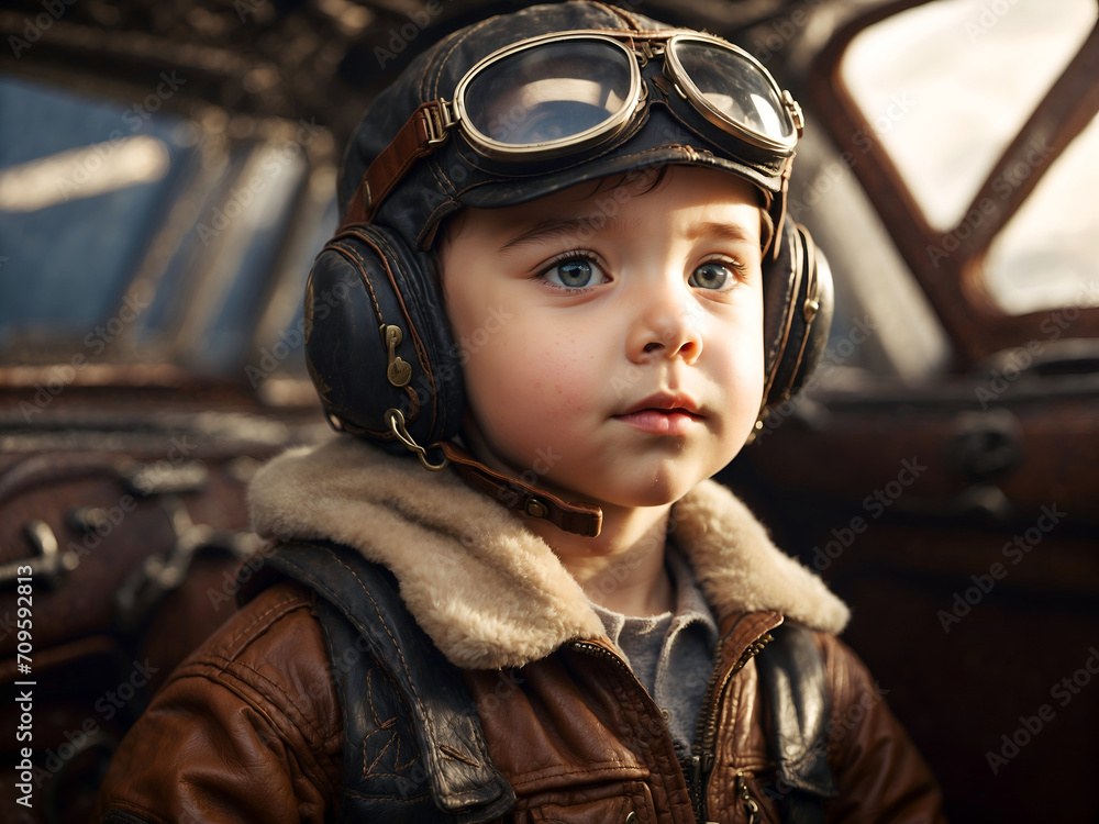 A little boy pilot flies a plane. Toddler imagination, dreaming to become a pilot concept. A little boy pilot flies a plane. Toddler imagination, dreaming to become a pilot concept.