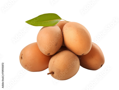 A grouping of ripe sapodilla fruits with leaves on a transparent background.