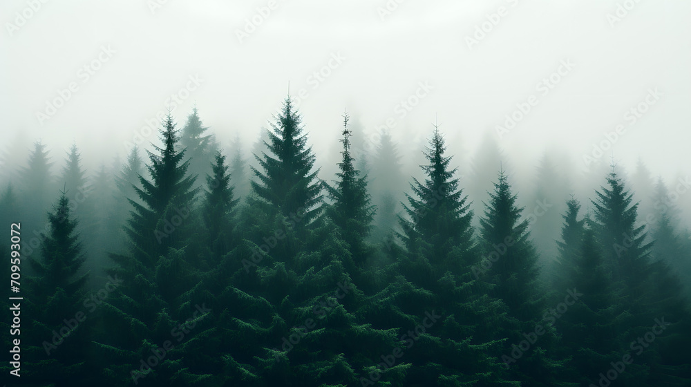 pine trees in the fog are seen