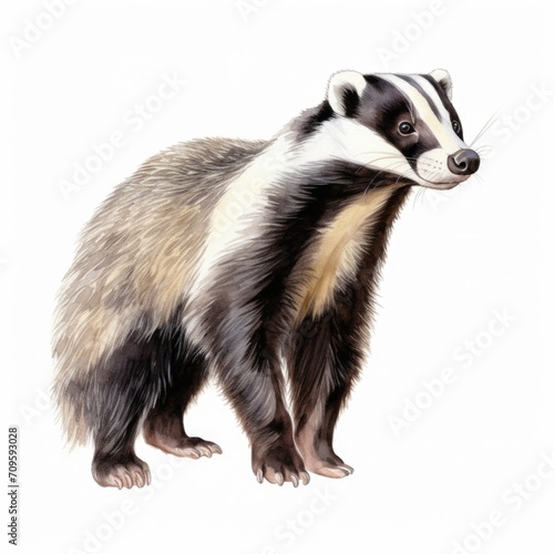 Badger watercolor illustration. Painting of forest animal on white background