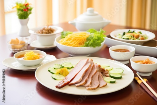 peking duck meal set with side dishes on table