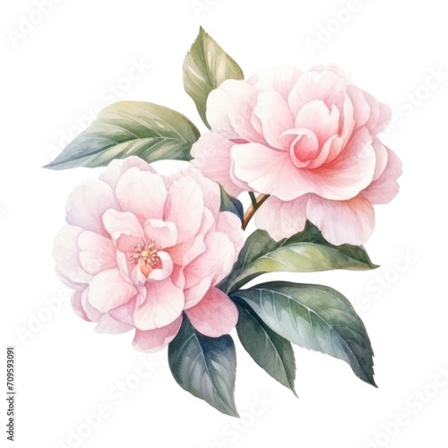 Camellia pink flower watercolor illustration. Floral blooming blossom painting on white background photo