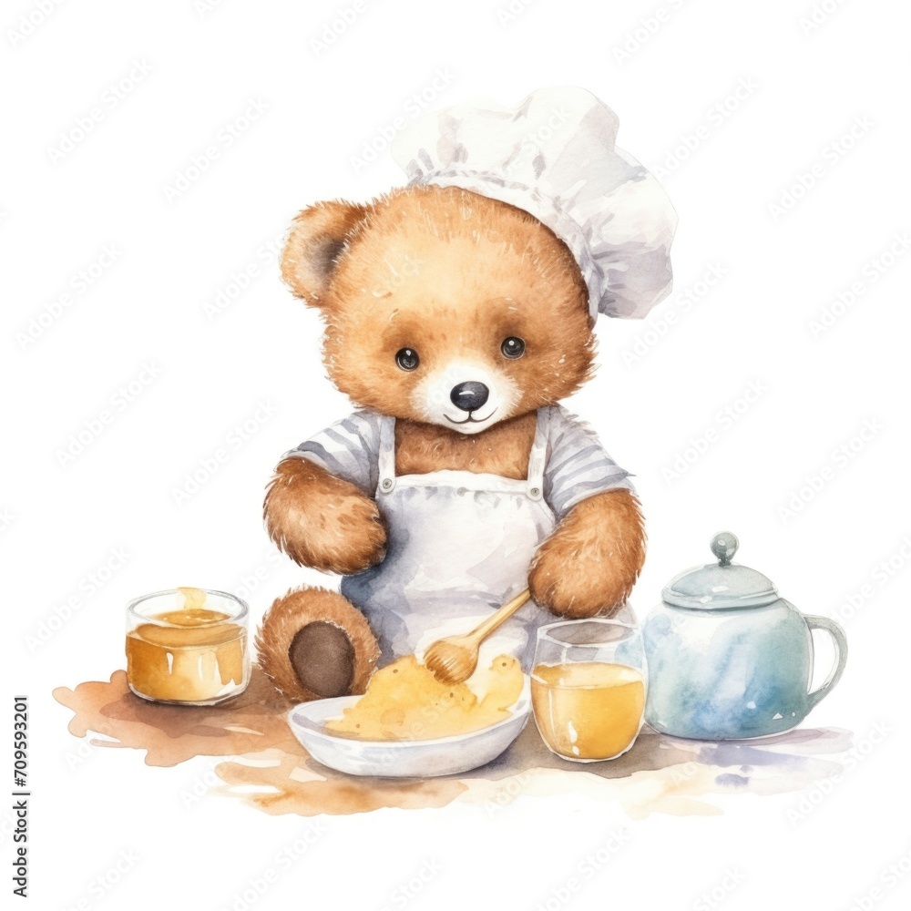 Cute baby bear cub character cooking in chefs hat watercolor illustration for children book. Cute baby bear cub character cooking in chefs hat watercolor illustration for children book.