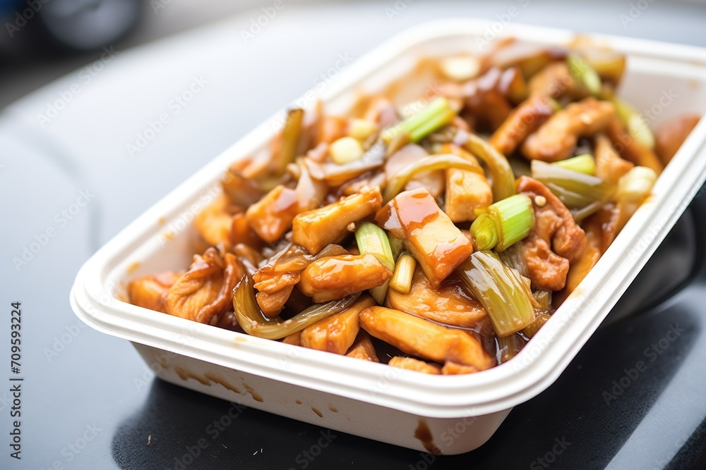 poutine in a takeout container, on a car dashboard poutine in a takeout container, on a car dashboard