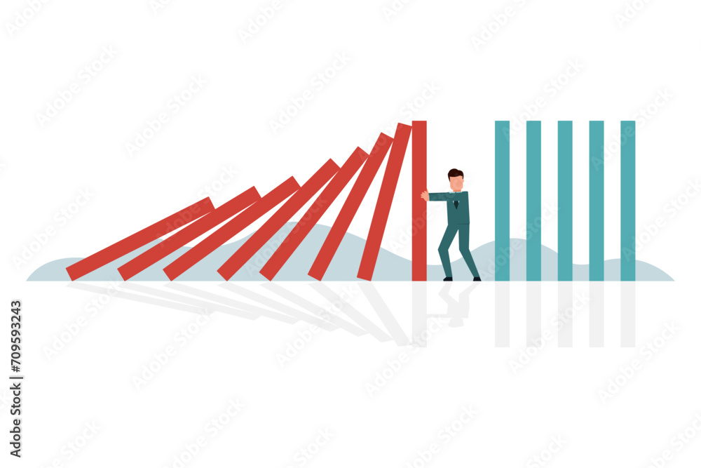 Businessman tries to stop falling domino effect. Crisis management business concept. Stopping or preventing a business from collapsing. Vector illustration flat design style