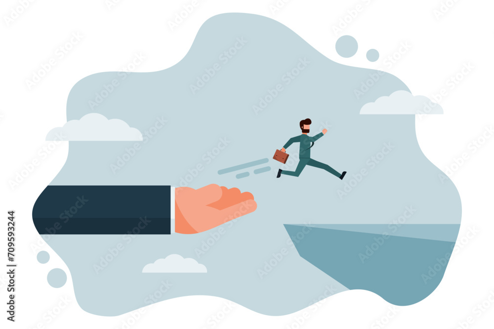 Naklejka premium Businessmen's hands help a businessman to the top of the cliff of success. Having an assistant helps you reach success quickly. Vector illustration flat design style
