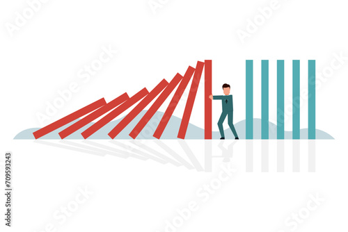 Businessman tries to stop falling domino effect. Crisis management business concept. Stopping or preventing a business from collapsing. Vector illustration flat design style