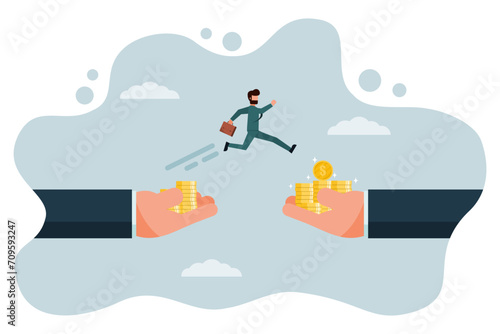 A businessman jumps from a hand with fewer gold coins to a hand that offers more gold coins. Changing jobs or moving into a higher-paying or better-paying job. Vector illustration flat design style © Apirak