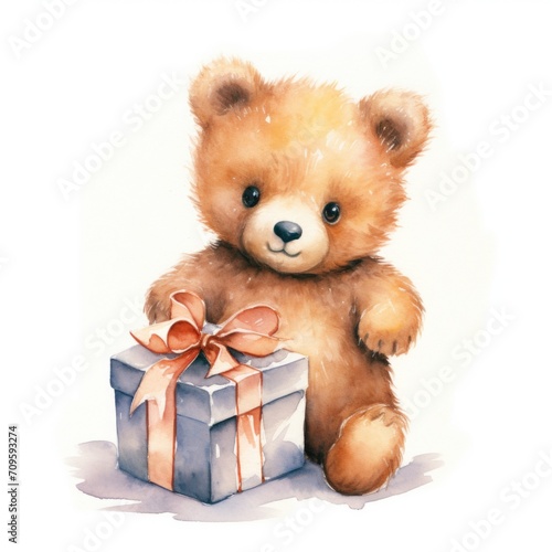 Cute baby bear cub character handling birthday present watercolor illustration for children book. © Pixel Pine