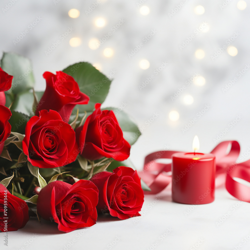 St. Valentine's Day banner. Happy St. Valentine's Day, Mother's Day, Women's Day web line. Red roses bouquet, gift box and candles on white background. Copy space, product place. Festive banner St. Valentine's Day banner. Happy St. Valentine's Day, Mother's Day, Women's Day web line. Red roses bouquet, gift box and candles on white background. Copy space, product place. Festive banner