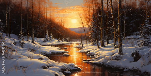 Frosty winter landscape with a lonely tree in the foreground at sunrise, Beautiful winter landscape with snow covered trees and river at sunset., Sunny Winter Morning