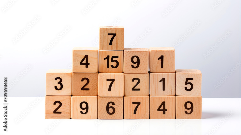 Minimalist Wooden Cube Numbers on White Background Minimalist Wooden Cube Numbers on White Background