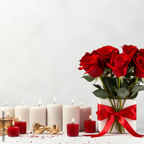 St. Valentine's Day banner. Happy St. Valentine's Day, Mother's Day, Women's Day web line. Red roses bouquet, gift box and candles on white background. Copy space, product place. Festive banner