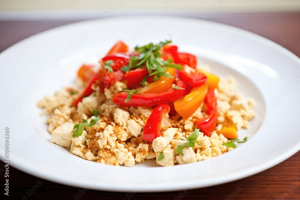 scrambled tofu with diced peppers and vegan feta crumbles scrambled tofu with diced peppers and vegan feta crumbles