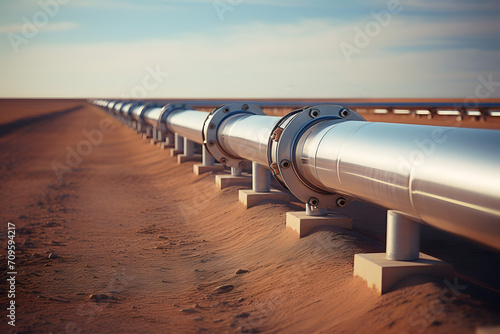 Gas pipeline shiny chrome pipe in the desert, oil mining