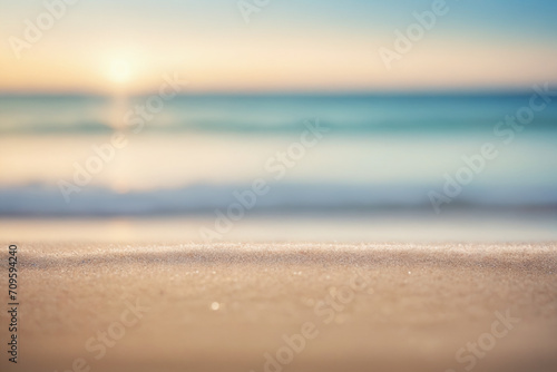 Seascape abstract beach background. blur bokeh light of calm sea and sky. Focus on sand foreground © Giuseppe Cammino