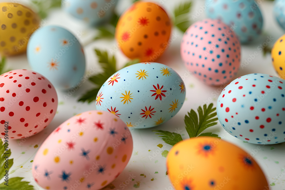 Easter holiday card with homemade painted eggs on white backround	
