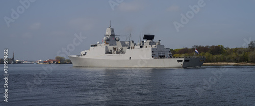 WARSHIP - A modern frigate is going to the port