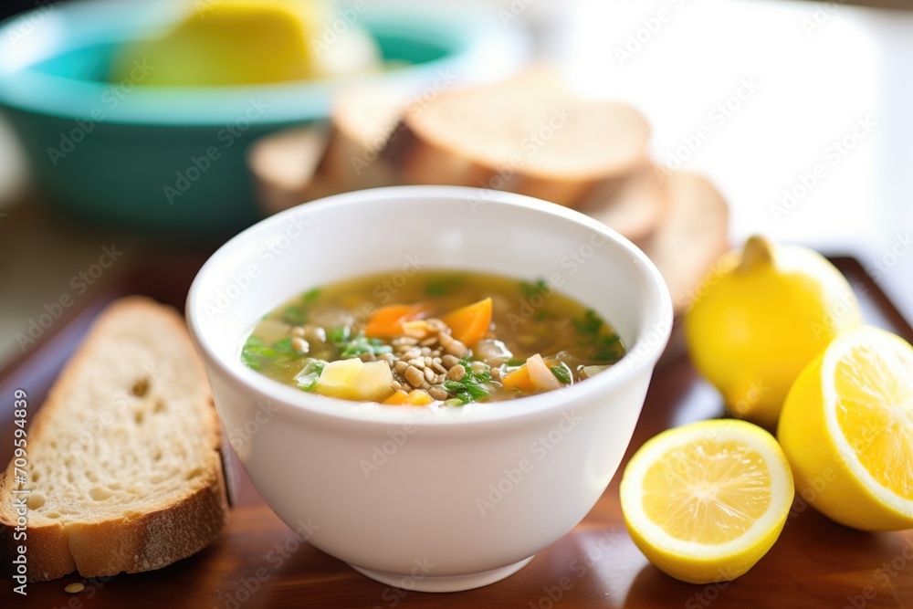 lentil soup in a ceramic bowl with a lemon wedge and bread slice lentil soup in a ceramic bowl with a lemon wedge and bread slice