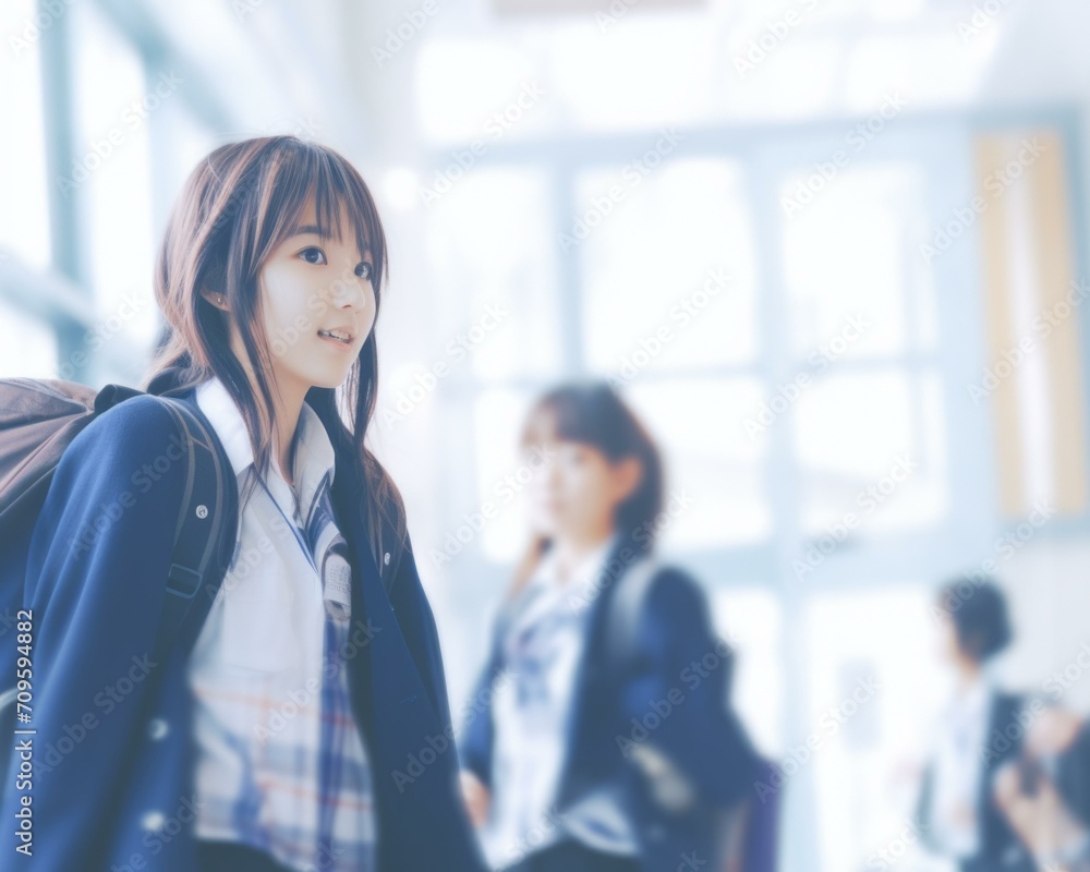 Obraz premium A young woman in school uniform is walking in a hallway. Generative AI.
