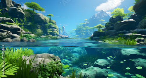 a virtual fish scene with some water and rocks