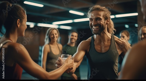 High five  fitness and happy man and women water drink after training workout in gym together.