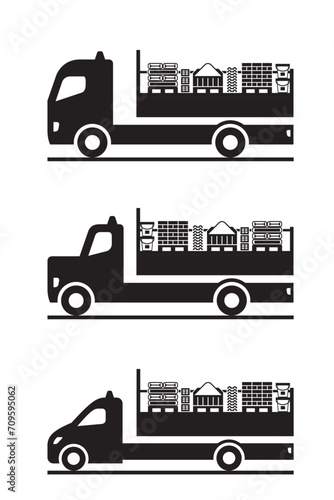 Trucks and pickup with construction materials - vector illustration