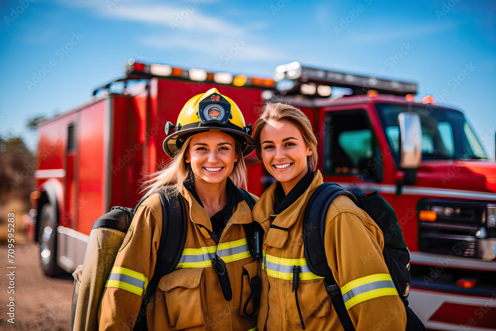 Obraz premium Two female firefighters in front of a fire truck