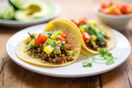 vegan tacos with quinoa, black beans, and corn in a corn tortilla