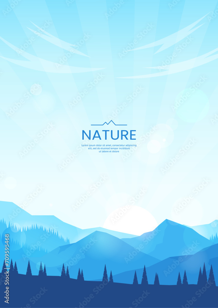 Mountains landscape. Vector illustration. Blue mountains and forest. Clear sky and sunshine. Design of background, poster, wallpaper, postcard, greeting card. Flat style.