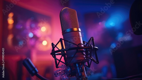 A microphone in a recording studio. Generative AI.