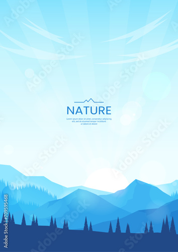 Mountains landscape. Vector illustration. Blue mountains and forest. Clear sky and sunshine. Design of background, poster, wallpaper, postcard, greeting card. Flat style.