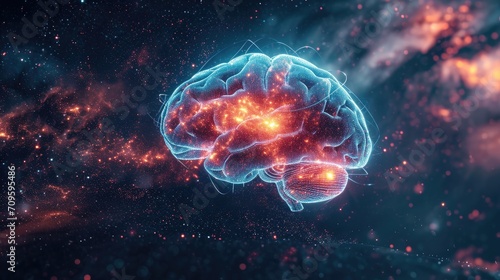 glowing human brain in galaxy background