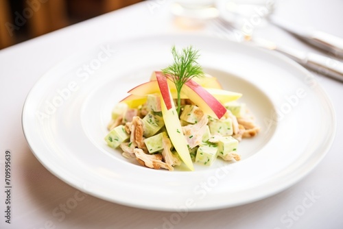waldorf salad with added chicken strips, on a bright round plate
