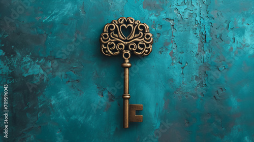 golden old vintage key on blue grunge background © Christopher