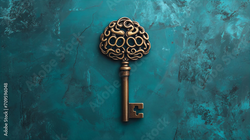 golden old vintage key on blue grunge background