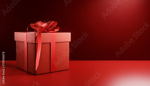 blank display red corner gift box mockup stand with red ribbon bow on dark red background minimal conceptual 3d rendering photo
