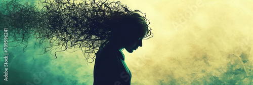 isolated silhouette of a person with messy hair, black thoughts releasing from the head representing sadness, grievance or depression photo