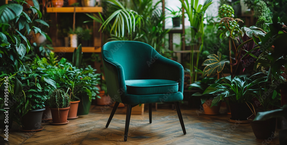 Green armchair in the interior of a modern room with plants, Green armchair in the interior of a modern flower shop. Home gardening concept.