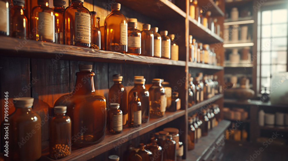 An ancient apothecary filled with jars and bottles containing remedies for various old-time diseases.