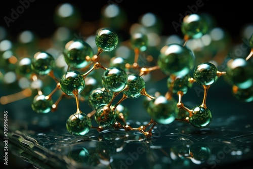  a group of green balls sitting on top of a glass table next to a metal tray with a liquid inside of it.