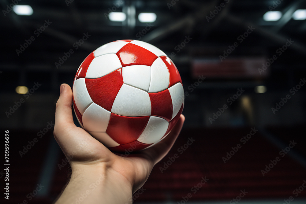The hand is holding the handball ball. Generative AI Image.
 - obrazy, fototapety, plakaty 