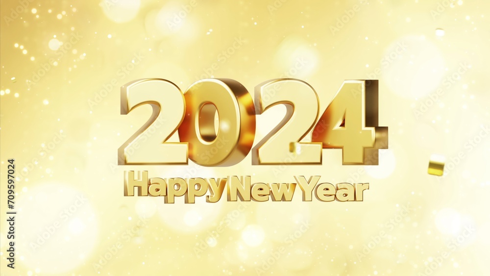 Happy new year 2024 background with gold glitter gift and podium for luxury anniversary holidays celebration or event concept. Gold defocused bokeh particles lights shiny background. Happy new year 2024 background with gold glitter gift and podium for luxury anniversary holidays celebration or event concept. Gold defocused bokeh particles lights shiny background.