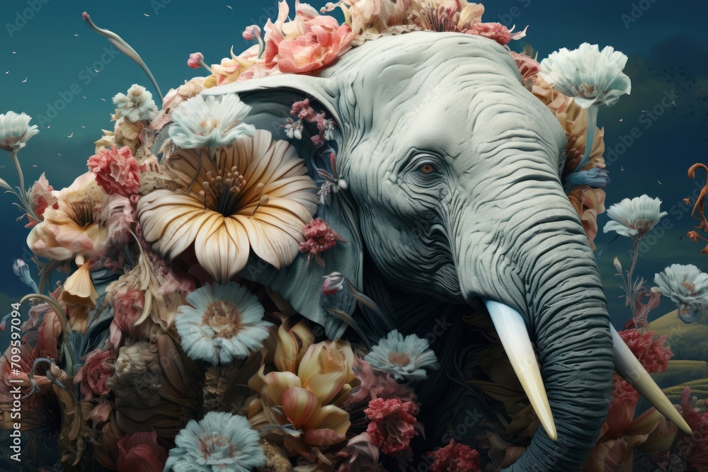  a close up of an elephant with flowers on it's head and in the background is a body of water.