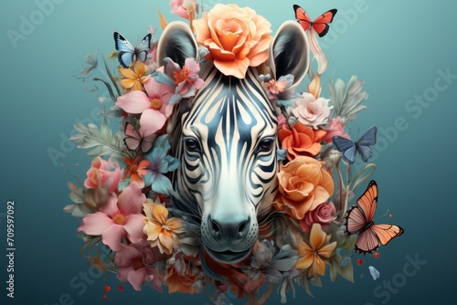  a zebra s head is surrounded by flowers  butterflies  and a butterfly on a blue background with butterflies.