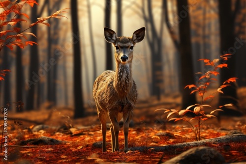  a deer standing in the middle of a forest with red leaves on the ground and tall trees in the background.