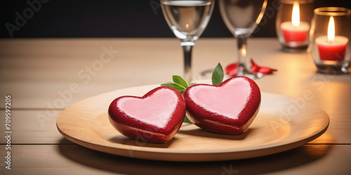 two Valentine hearts on a wooden table plate with candle lights background