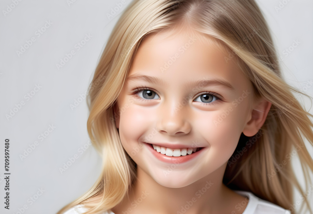 White background photo of professional portrait of cute blond Caucasian girl child model smiling with perfect clean teeth. For advertising, web design, etc. White background photo of professional portrait of cute blond Caucasian girl child model smiling with perfect clean teeth. For advertising, web design, etc.